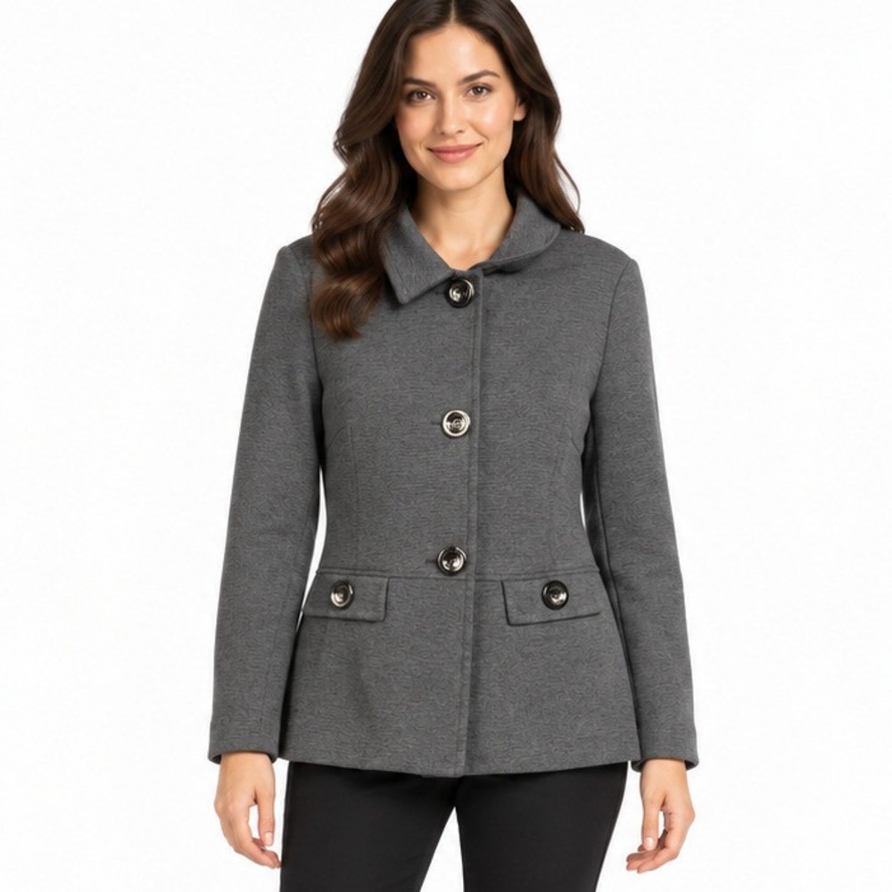JM Collection Woman Gray Knit Blazer Jacket Plus Size 2X Button Front Stretch